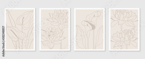 Botanical wall art vector set. Earth tone boho foliage line art drawing with  abstract shape.  Abstract Plant Art design for print, cover, wallpaper, Minimal and  natural wall art. photo