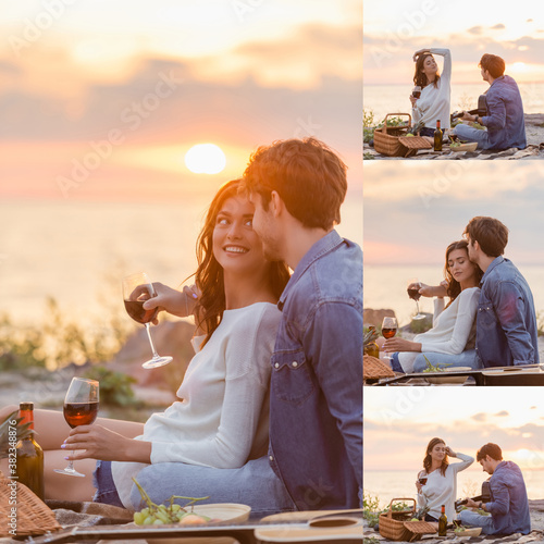 Collage of young couple playing acoustic guitar and holding wine glasses during picnic on beach at evening © LIGHTFIELD STUDIOS