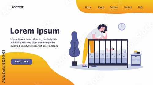 Depressed tired mom giving bottle to baby. Sad sleepy new mother leaning on crib to feed newborn child. Flat vector illustration for postnatal anxiety, postpartum depression, maternity blues concept