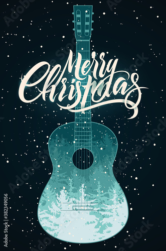 Merry Christmas. Calligraphic retro Christmas card or poster design with forest winter landscape inside silhouette acoustic guitar. Vector illustration.
