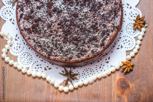 tasty homemade chocolate cake on table