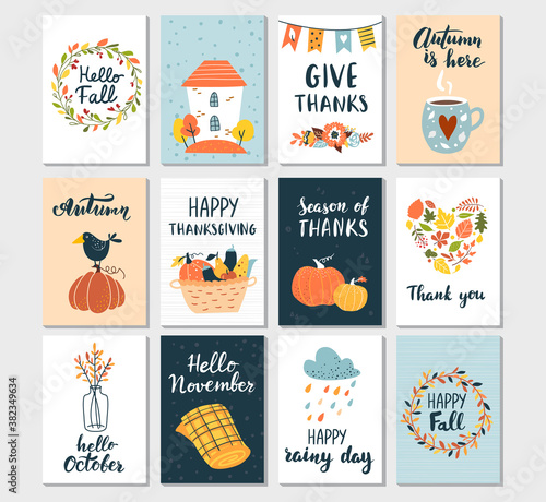 Autumn templates set. Perfect for card design, party invitation, poster, tag. Hand drawn vector illustration