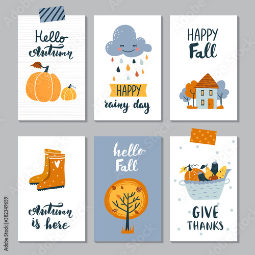 Fall template set, thanksgiving card, hand drawn cute illustration, vector design