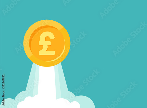 Gold pound sterling coin as rocket flies up. Currency strengthening and increasing of exchange rate.