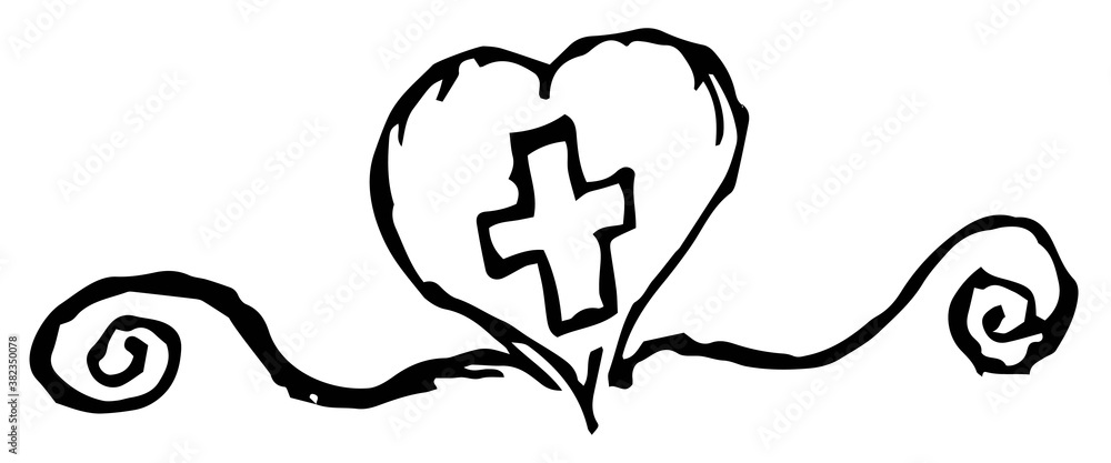 Simple grunge vector clipart of a heart with a cross inside. Freehand black and white outline drawing. The concept of faith, kindness, medicine, etc. Simple grunge vector clipart of a heart with a cross inside. Freehand black and white outline drawing. The concept of faith, kindness, medicine, etc.
