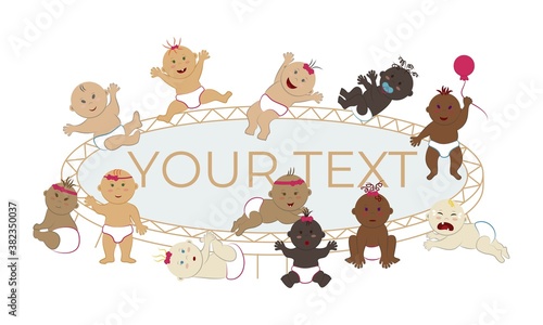 Vector illustration of multinational babies jumping on a trampoline. Happy naked toddler boys and girls in diapers have fun playing. Background with copy space
