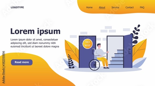 Handicapped man in wheelchair looking at staircase. Help, restriction, inability flat vector illustration. Social problem and assistance concept for banner, website design or landing web page