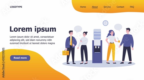 Office colleagues meeting at water dispenser, drinking coffee, discussing gossips . Flat vector illustration for work break, corporate talks and chatting, communication concept