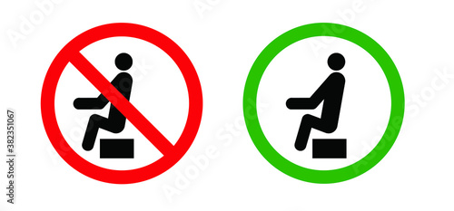 Caution signboard, Safety icon. Do not lean on door, glass, wall, gate or railing. Don’t sit here on stairs or climp. Vector stickman climb, Signs for climbing on balustradeor barrier. Do not enter