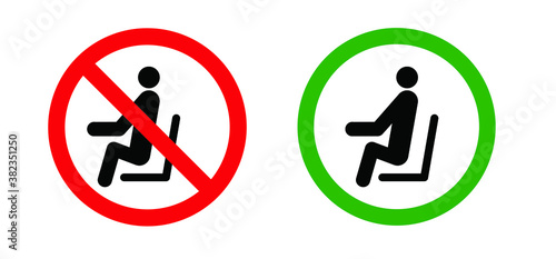 Caution signboard, Safety icon. Do not lean on door, glass, wall, gate or railing. Don’t sit here on stairs or climp. Vector stickman climb, Signs for climbing on balustradeor barrier. Do not enter