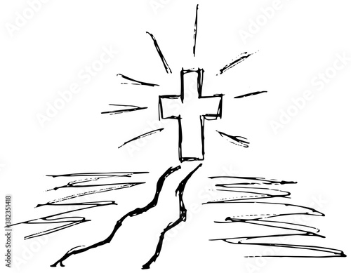 Simple vector grunge sketch of the Way to Faith. Black and white outline illustration of a  path and a glowing cross at the end of the road