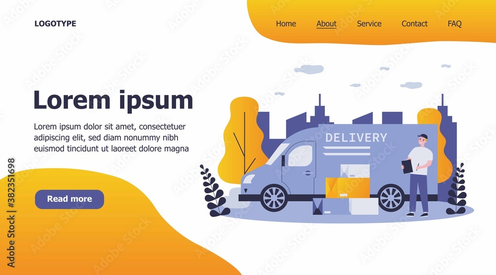 Naklejka premium Shipping, transportation, delivery, cargo concept. Positive courier or postman standing near his truck and heap of boxes. Flat vector illustration