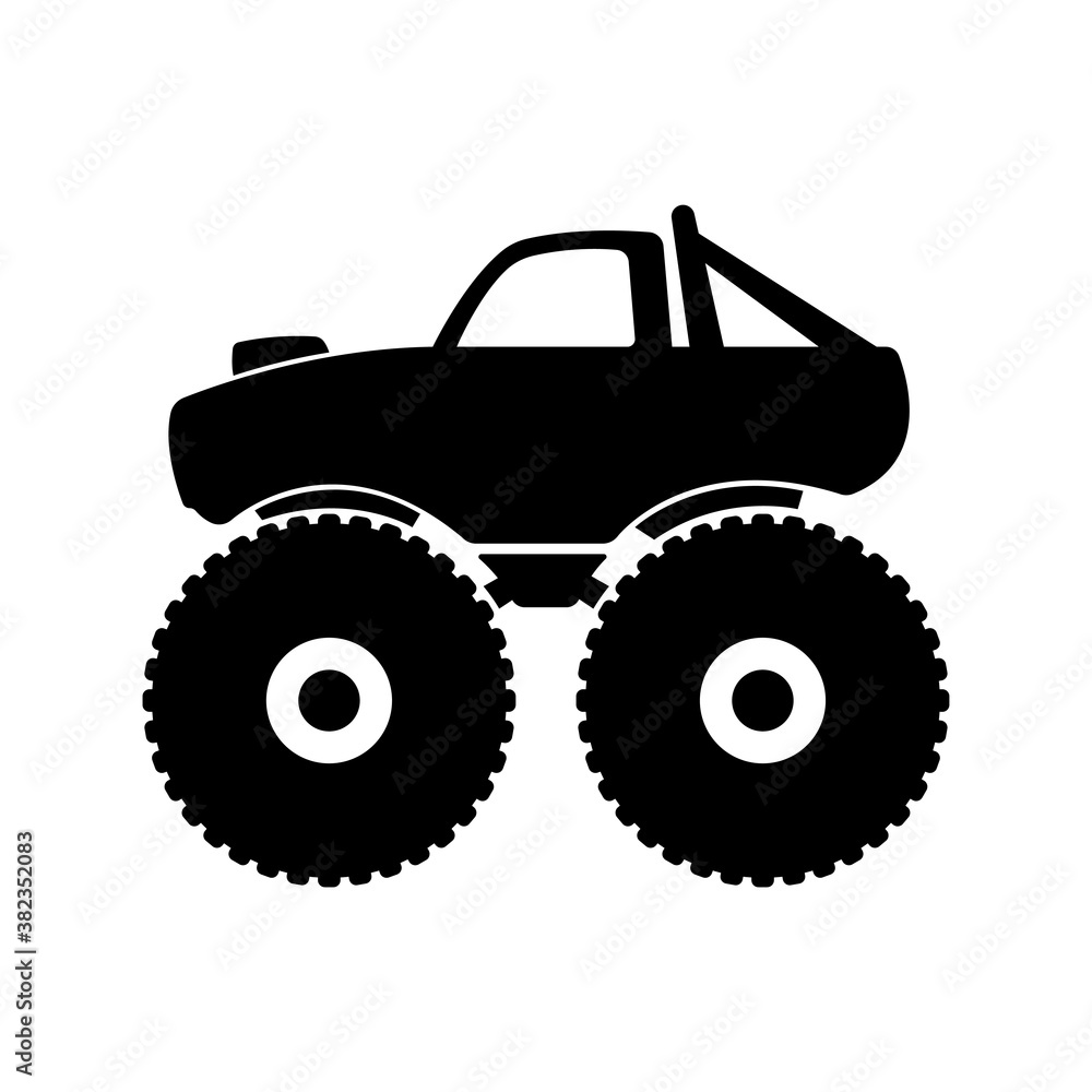 Monster truck icon. Big foot. Black silhouette. Side view. Vector flat graphic illustration. The isolated object on a white background. Isolate.