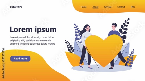 Visually impaired woman and man holding big heart. Romance, care, support flat vector illustration. Love and relationship concept for banner, website design or landing web page