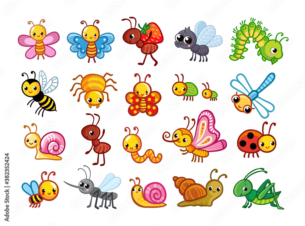 Big vector set with cute insects on a white background in cartoon style. Big vector set with cute insects on a white background in cartoon style.
