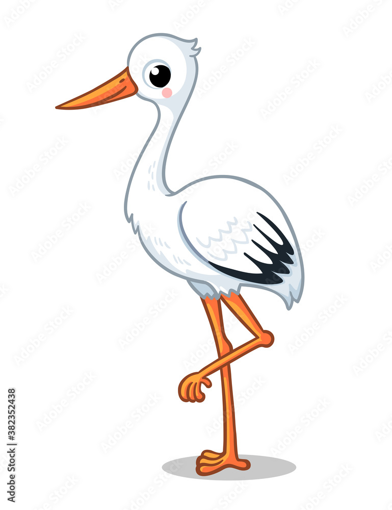 Fototapeta premium Cute stork stands on one leg on a white background. Vector illustration with a bird.