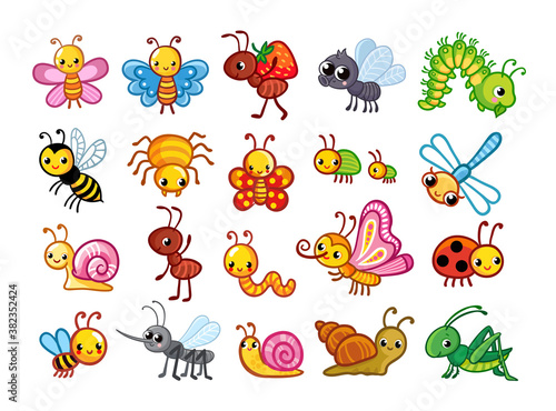 Big vector set with cute insects on a white background in cartoon style.