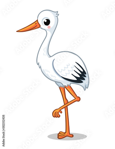 Cute stork stands on one leg on a white background. Vector illustration with a bird.