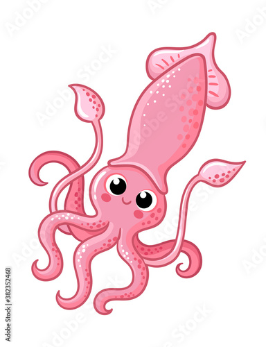 Vector illustration with pink squid on a white background. Sea anima