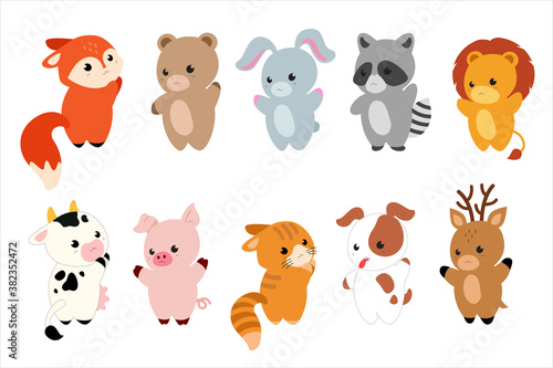 Cartoon cute Animals characters - bear, Fox, raccoon, dog, cat, cow, deer, rabbit, pig and lion. Vector illustration. Vector set with animals in kawaii style for baby cards and invitations.  © Hannet