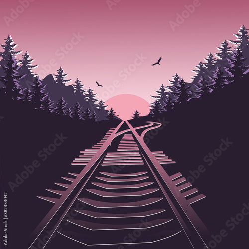 Sunrise. Railway surrounded by forest. Vector illustration