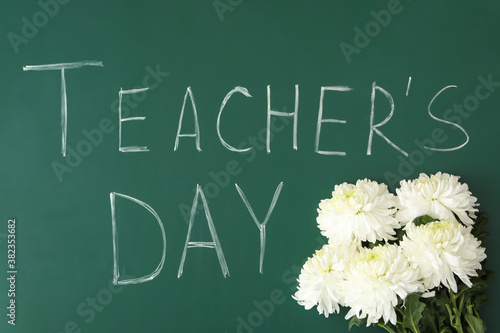 Words TEACHER'S DAY and chrysanthemum flowers on green chalkboard, top view