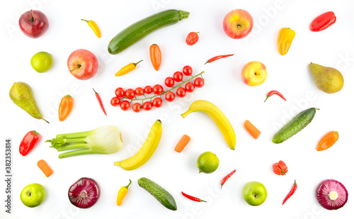 Delicious pattern of vegetables and fruits isolated on white