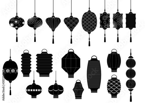A set of beautiful paper Chinese lantern isolated on white background. They’re black and white drawing style. Traditional decorating lantern.