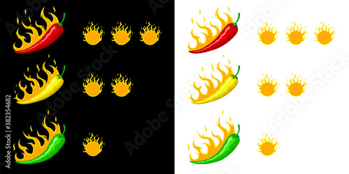 Hot mexican chili pepper. Green red yellow hot peppers with fire levels of gradation of the spicy. Vector