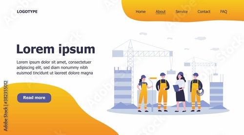 Team of builders onsite. Female engineer, architect, technician, worker in overalls holding tools, discussing work. Can be used for construction site, engineering, teamwork concept