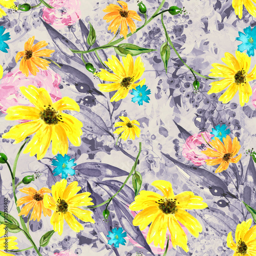 Seamless watercolour sunflower, cornflower pattern. watercolor sunflower. Autumn plant, berry branch, currant. Sunflower harvest. Sunflower oil.
 fabric, scarf, material. Trendy floral art background