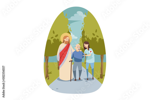 Christianity, bible, religion, protection, health, care, disability, medicine concept. Jesus Christ son of God Messiah protecting old disabled handicapped man walking with woman nurse. Divine support.