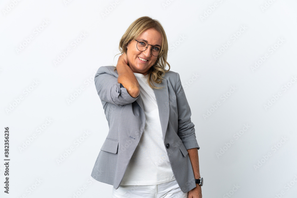 Middle aged business woman over isolated white background laughing Middle aged business woman over isolated white background laughing