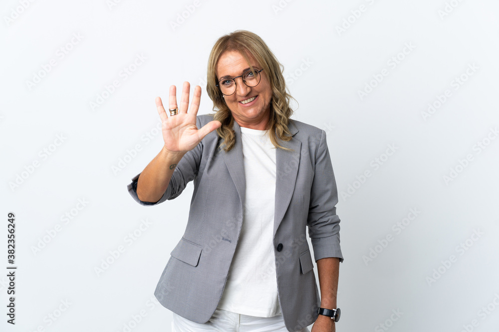 Middle aged business woman over isolated white background counting five with fingers Middle aged business woman over isolated white background counting five with fingers