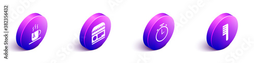 Set Isometric Cup of tea with tea bag, Cream or lotion cosmetic tube, Stopwatch and Hairbrush icon. Vector.