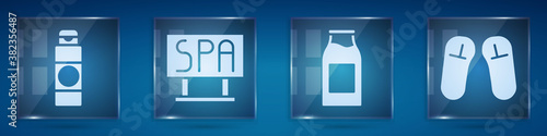 Set Cream or lotion cosmetic tube, Spa salon signboard, Bottle with milk and Slipper. Square glass panels. Vector.