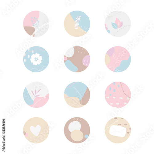 Vector set of various round abstract backgrounds in winter colors. Icons template for instagram story highlight covers for bloggers, for social media, and for business, scrapbooking or bullet journal.