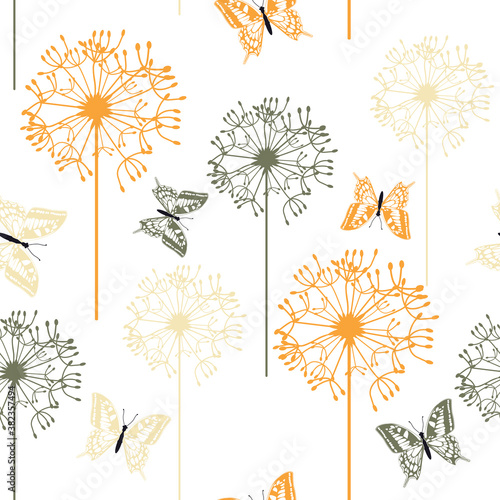 Seamless vector illustration with butterflies and dandelions