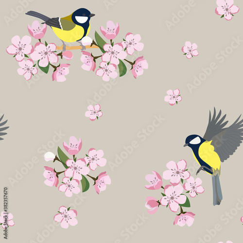 Seamless vector illustration with tits and cherry blossoms.