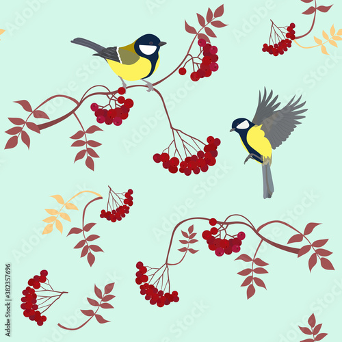 Seamless vector illustration with branches of mountain ash and titmouse.