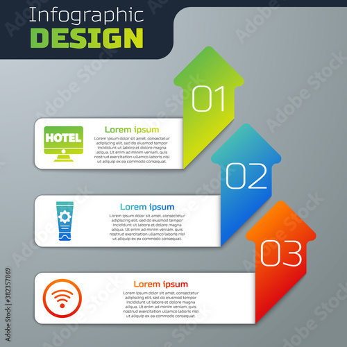 Set Online hotel booking, Sunscreen cream in tube and Wi-Fi wireless internet network. Business infographic template. Vector.