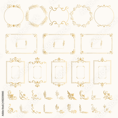 Collection of golden fancy frames with decorative vintage elements. Vector isolated illustration.