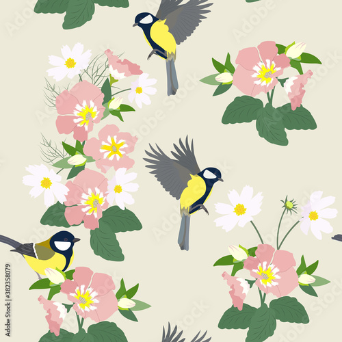 Seamless vectorial beautiful illustration with wildflowers and titmouse