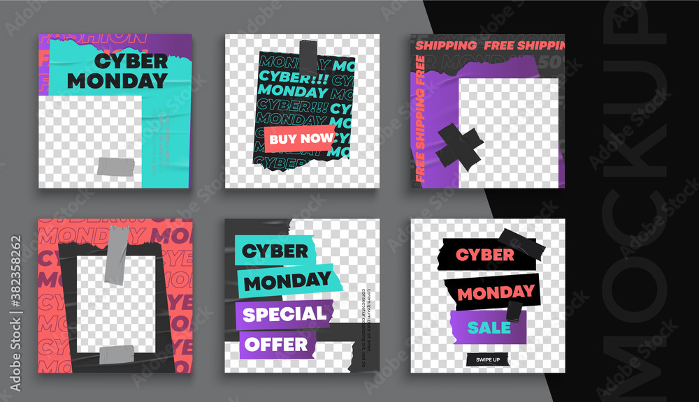 Cyber Monday sale banner editable template. Set of social media mobile app for shopping, sale, product promotion. 