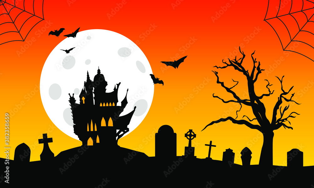 Halloween Flat Design Vector Graphic Castle on Cementary  Moon Bats