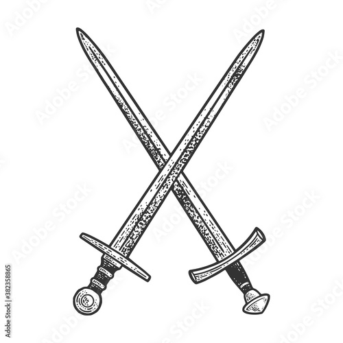 Crossed swords sketch engraving vector illustration. T-shirt apparel print design. Scratch board imitation. Black and white hand drawn image.