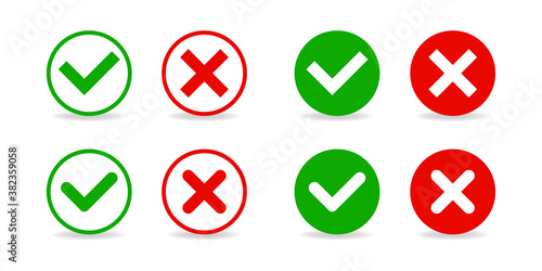 Round red and green check and cross icons. Right and wrong. Yes and no. Accepted and rejected. Isolated on white background vector elements with shadow.