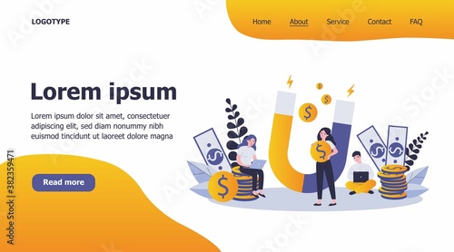 People attracting money with magnet flat vector illustration. Man and woman with laptop taking fast loan online. Lady holding magnet for attraction income. Wealth and investment concept