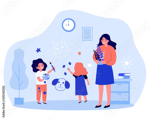 Cheerful naughty children drawing on wall at home. Upset mom, paints, paintbrush flat vector illustration. Active kids, childhood, activity concept for banner, website design or landing web page