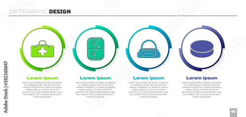 Set First aid kit, Air hockey table, Sport bag and Hockey puck. Business infographic template. Vector.